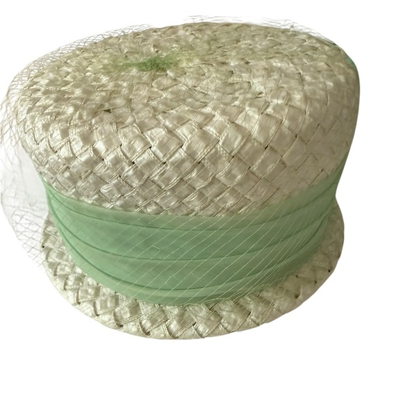 Woven Straw/Netting Cloche  Hat Bucket Style Green Ribbon 8 in Church Easter - Picture 8 of 9
